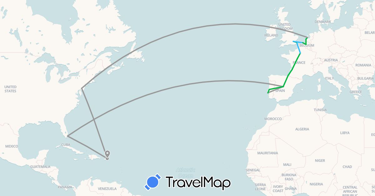 TravelMap itinerary: driving, bus, plane, boat in Belgium, Spain, France, United Kingdom, Netherlands, Puerto Rico, Portugal, United States (Europe, North America)
